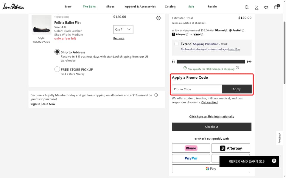 Sam Edelman checkout page showing the Promo Code field and Apply button
