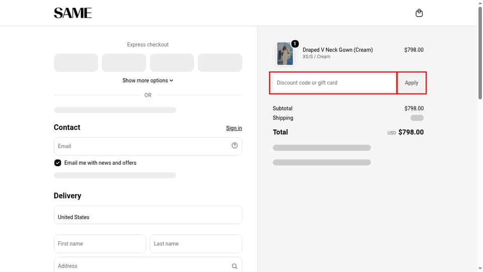 SAME Los Angeles checkout page showing the Discount code or gift card field and Apply button