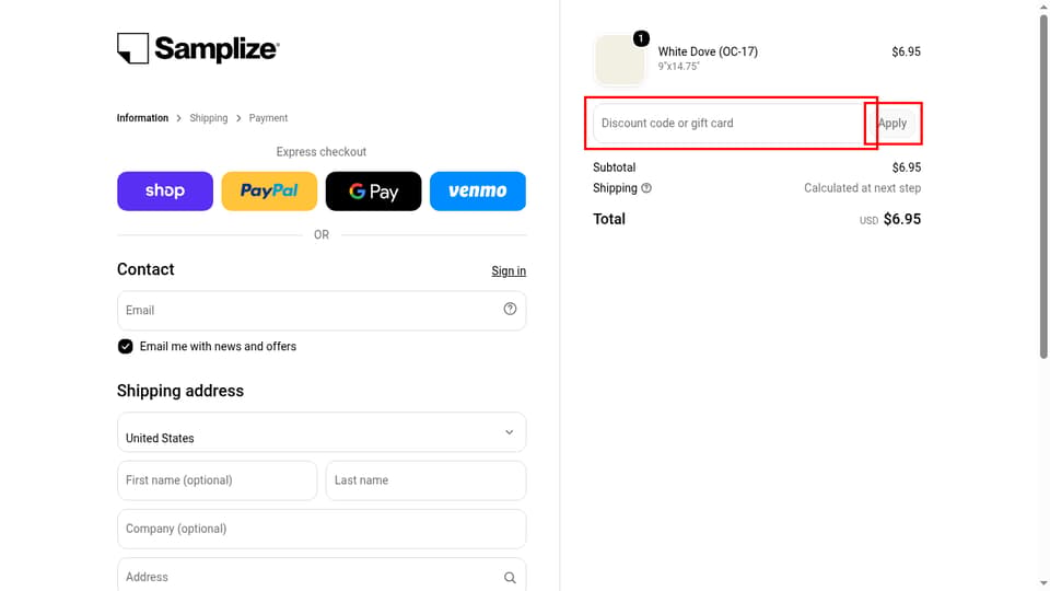 Samplize checkout page showing the Discount code or gift card field and Apply button