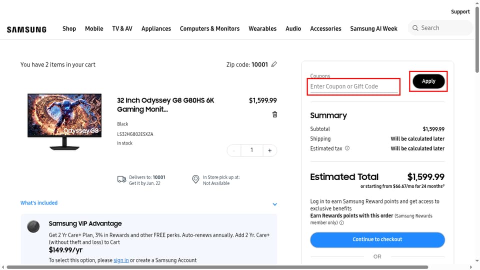 Samsung checkout page showing the Enter Coupon or Gift Code field and Apply button