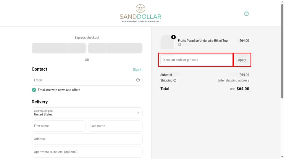 Sand Dollar Dubai checkout page showing the Discount code or gift card field and Apply button