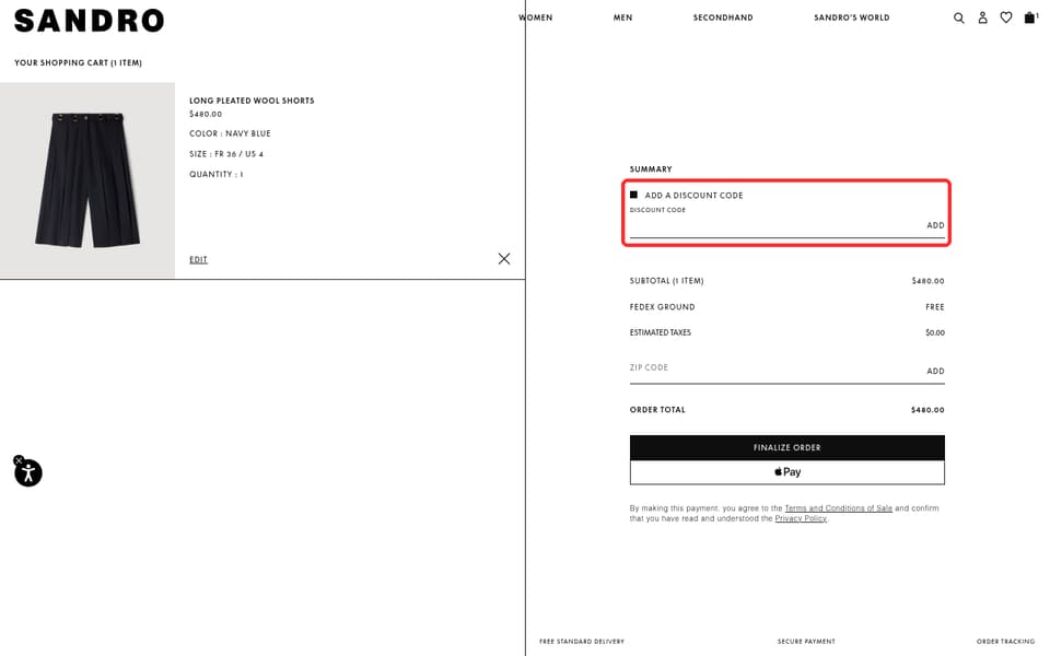 Sandro checkout page showing the Discount code field and Add button