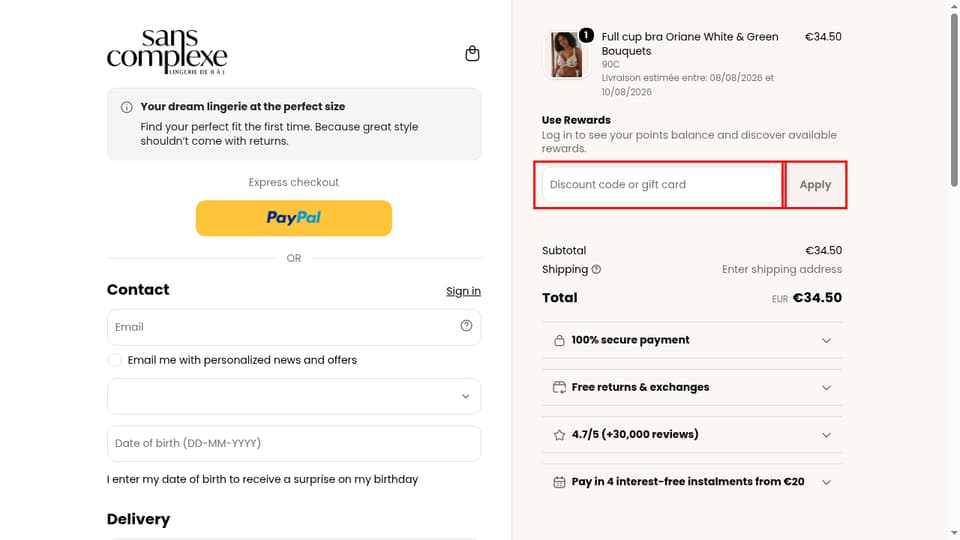 Sans Complexe Lingerie checkout page showing the Discount code or gift card field and Apply button