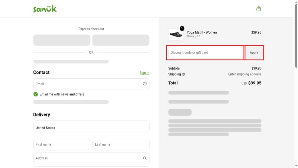 Sanuk checkout page showing the Discount code or gift card field and Apply button