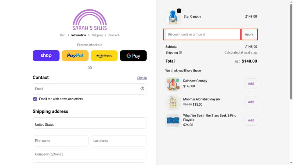 Sarah's Silks checkout page showing the Discount code or gift card field and Apply button