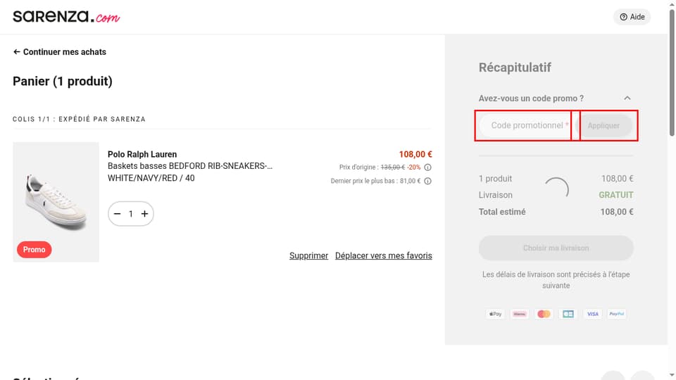 Sarenza checkout page showing the Code promotionnel field and Appliquer button