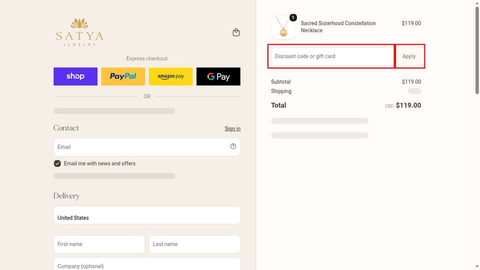 Satya Jewelry checkout page showing the Discount code or gift card field and Apply button