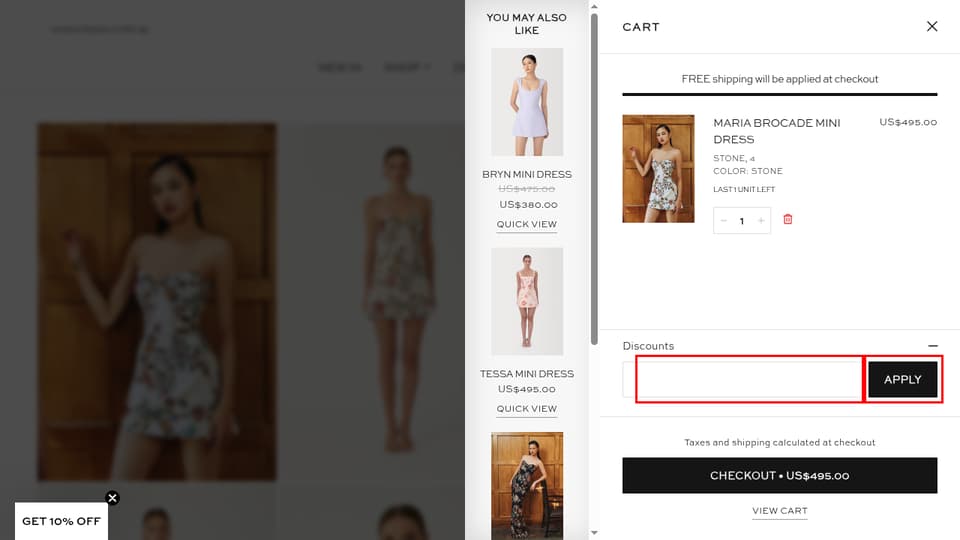 SAU LEE checkout page showing the Discount code field and Apply button
