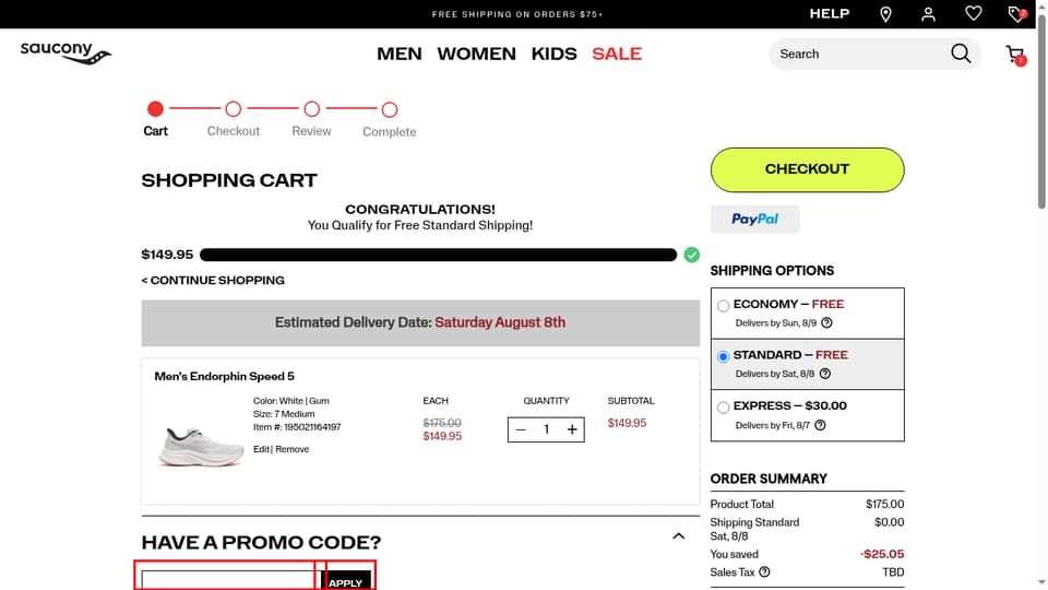 Saucony checkout page showing the Promo Code field and Apply button
