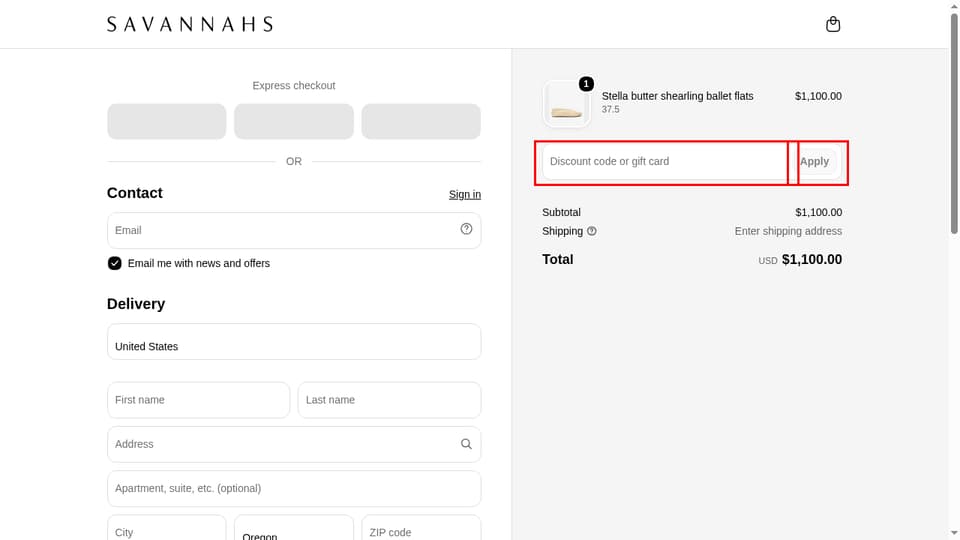 Savannahs checkout page showing the Discount code or gift card field and Apply button