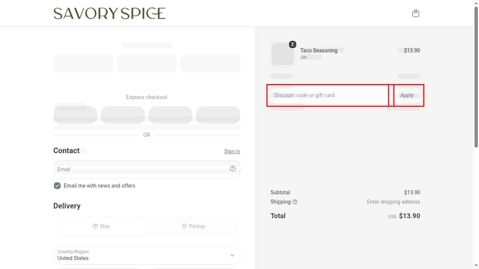 Savory Spice checkout page showing the Discount code or gift card field and Apply button