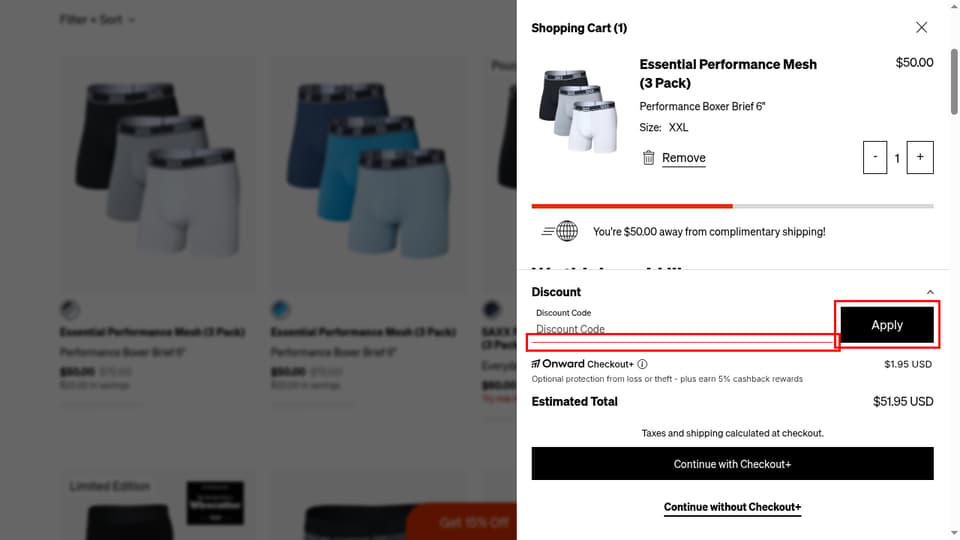 SAXX Underwear checkout page showing the Discount Code field and Apply button