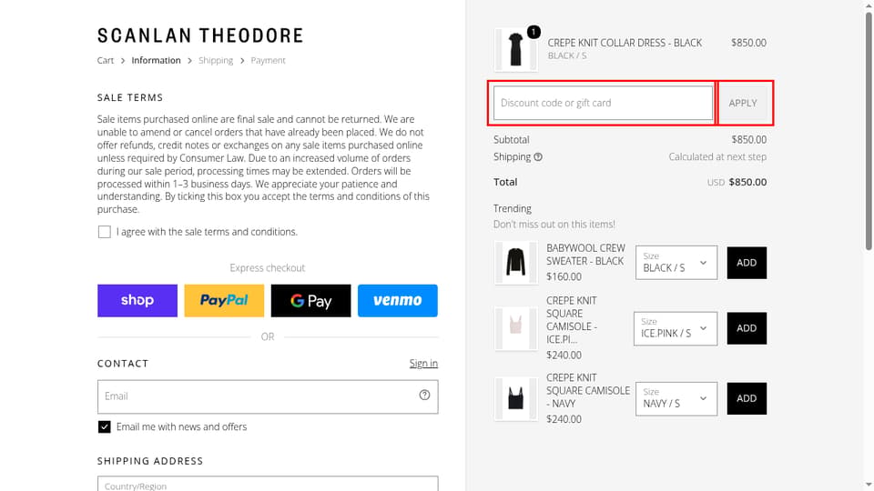 Scanlan Theodore checkout page showing the Discount code or gift card field and Apply button