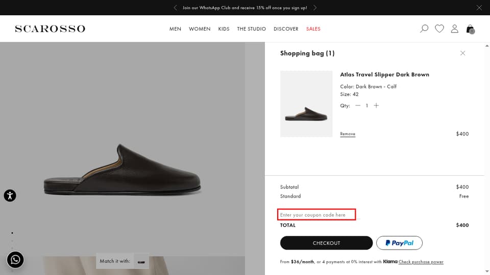 Scarosso checkout page showing the Enter your coupon code here field and Apply button