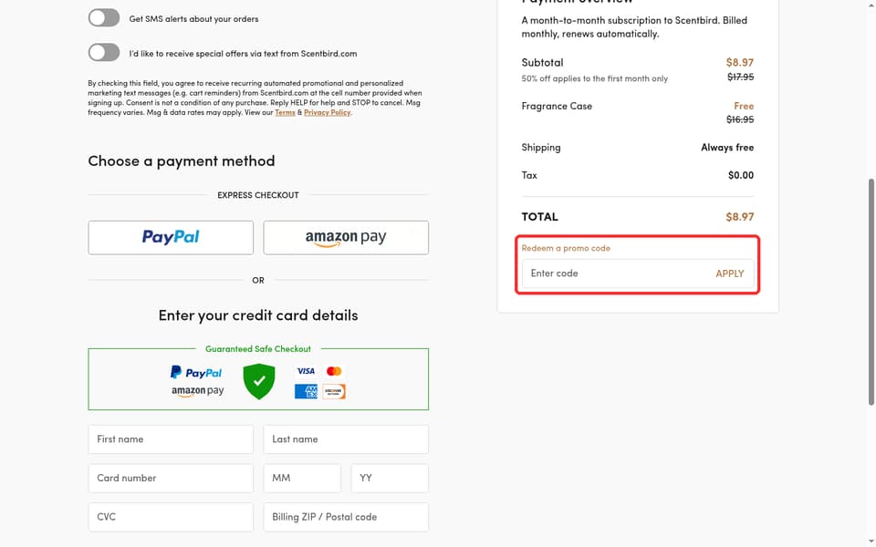 Scentbird checkout page showing the Enter code field and Apply button