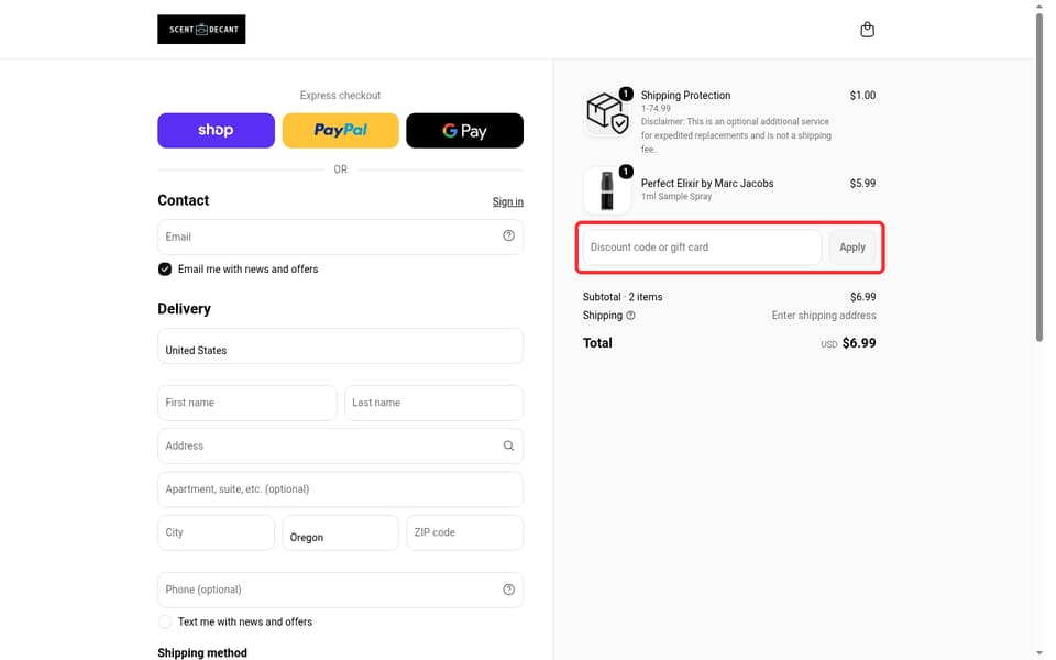 Scent Decant checkout page showing the Discount code or gift card field and Apply button