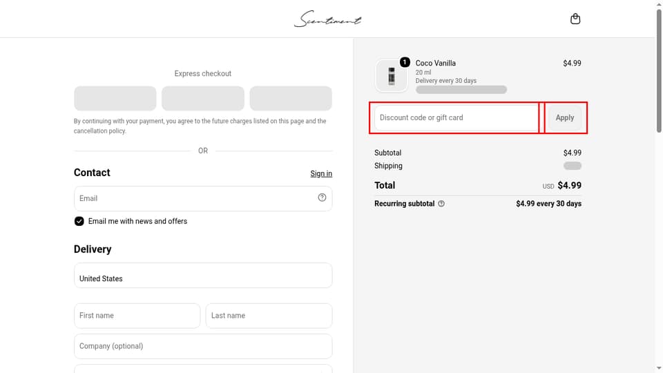 Scentiment checkout page showing the Discount code or gift card field and Apply button