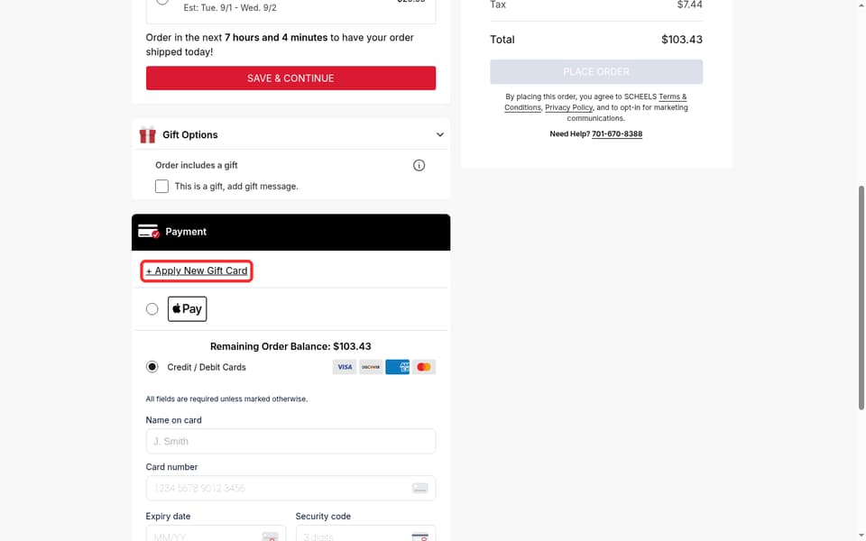 SCHEELS checkout page showing the + Apply New Gift Card field and Apply button