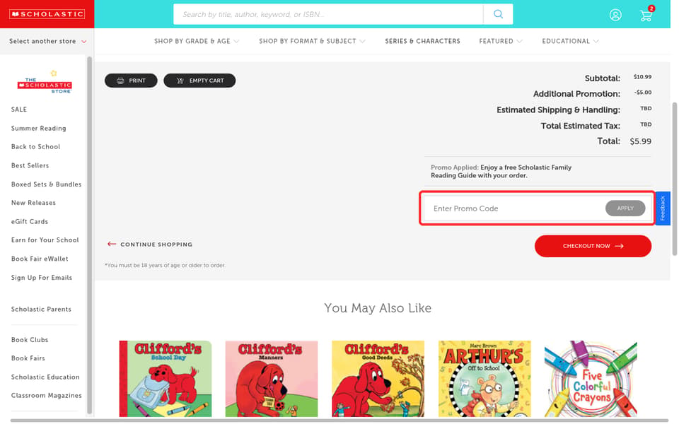 Scholastic checkout page showing the Enter Promo Code field and Apply button