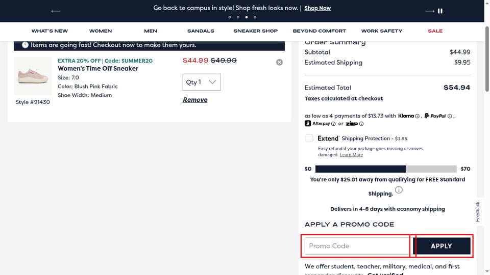 Scholl Shoes checkout page showing the Promo Code field and Apply button