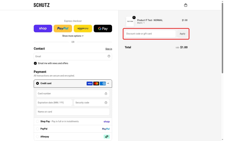 SCHUTZ checkout page showing the Discount code or gift card field and Apply button