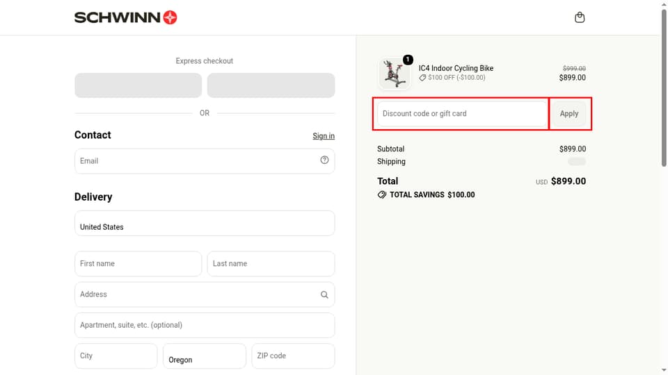 Schwinn Fitness checkout page showing the Discount code or gift card field and Apply button
