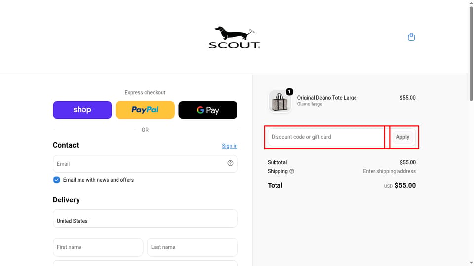 SCOUT Bags checkout page showing the Discount code or gift card field and Apply button