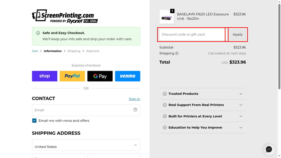 ScreenPrinting.com checkout page showing the Discount code or gift card field and Apply button