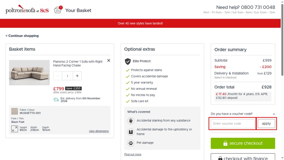 poltronesofà at ScS checkout page showing the Enter voucher code field and apply button