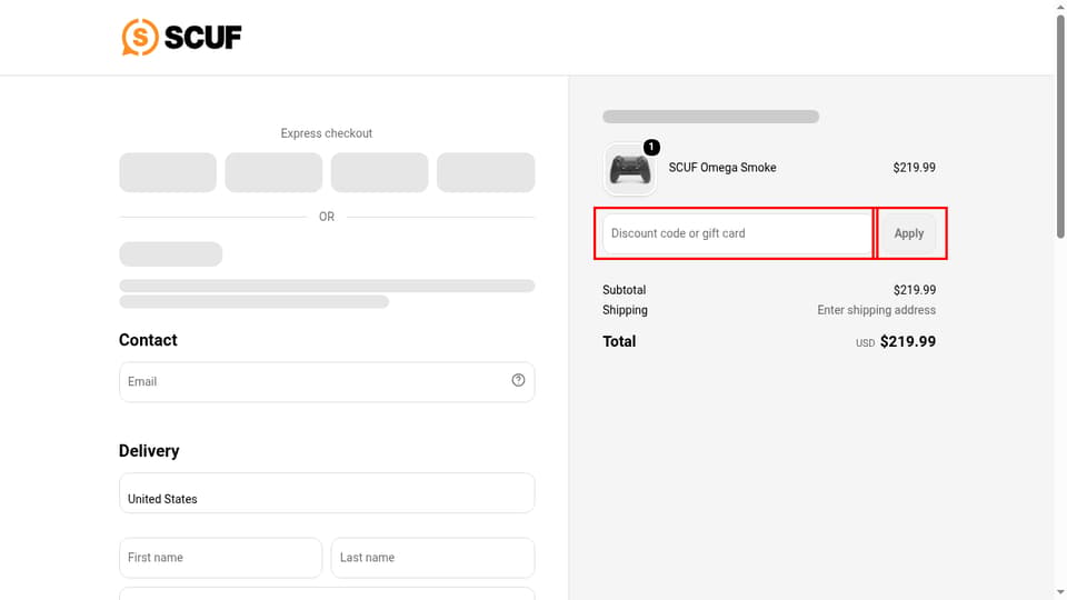 SCUF Gaming checkout page showing the Discount code or gift card field and Apply button