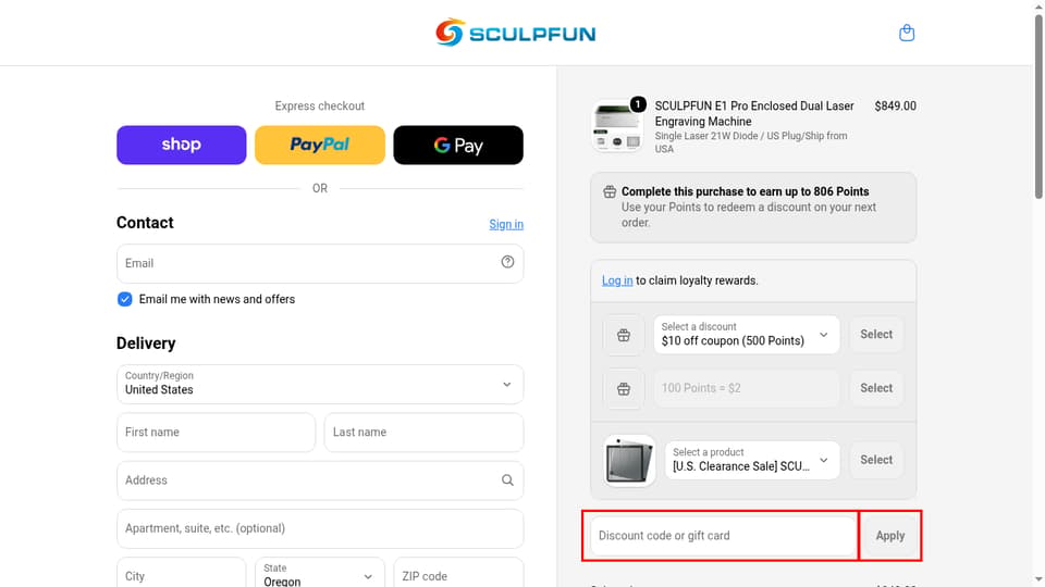 SCULPFUN checkout page showing the Discount code or gift card field and Apply button