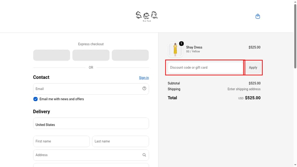 Sea New York checkout page showing the Discount code or gift card field and Apply button