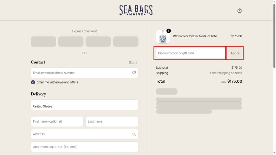 Sea Bags checkout page showing the Discount code or gift card field and Apply button