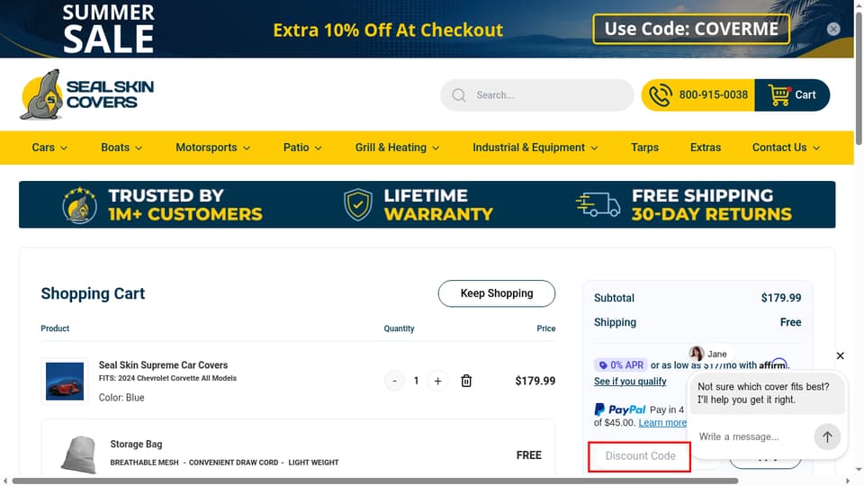 Seal Skin Covers checkout page showing the Discount Code field and Apply button