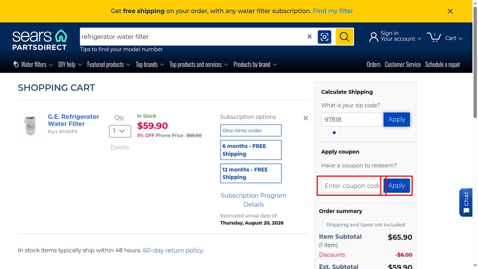 Sears PartsDirect checkout page showing the Enter coupon code field and Apply button