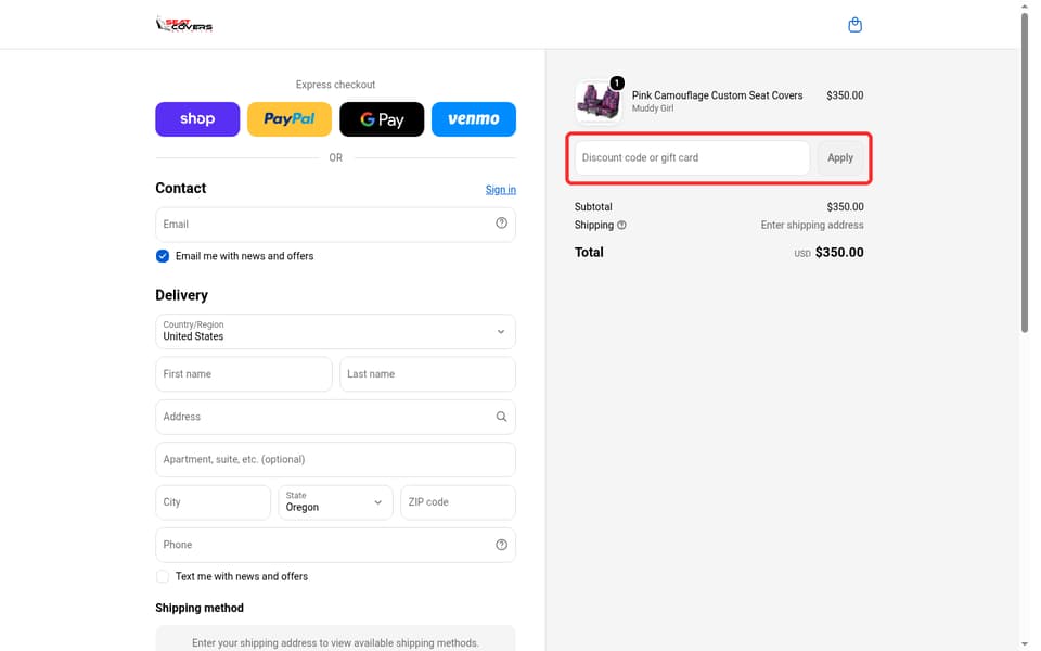 Seat Covers Unlimited checkout page showing the Discount code or gift card field and Apply button