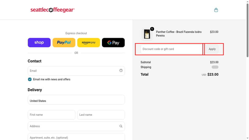 Seattle Coffee Gear checkout page showing the Discount code or gift card field and Apply button