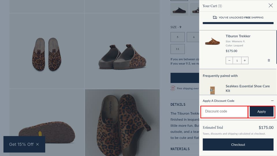 SeaVees checkout page showing the Discount code field and Apply button