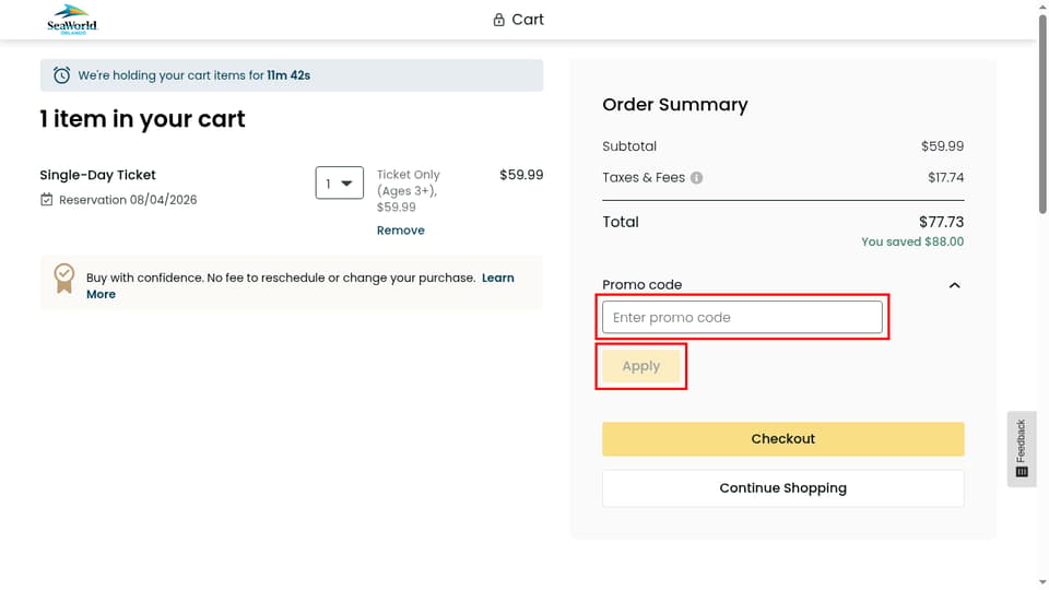 SeaWorld checkout page showing the Enter promo code field and Apply button
