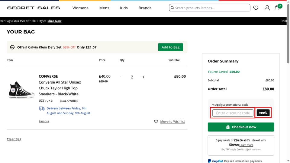 Secret Sales checkout page showing the Enter discount code field and Apply button