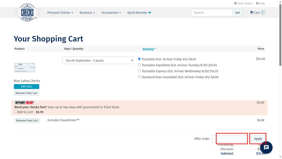 Checks In The Mail checkout page showing the Offer Code: field and Apply button