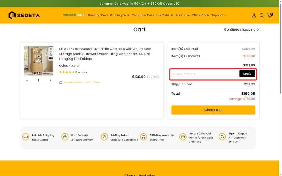 SEDETA checkout page showing the Discount Code field and Apply button