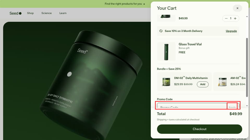 Seed Health checkout page showing the Promo Code field and Apply button