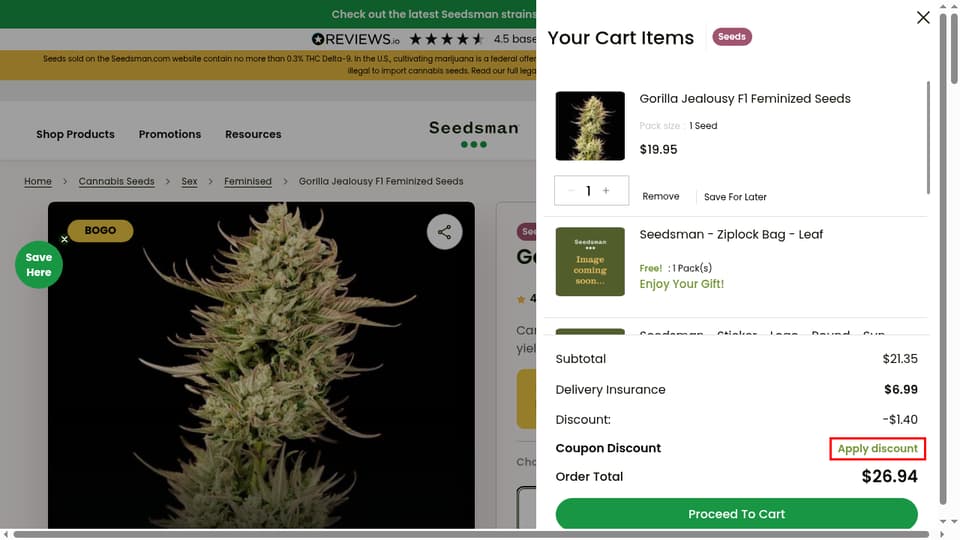 Seedsman checkout page showing the Enter promo code here field and Apply button