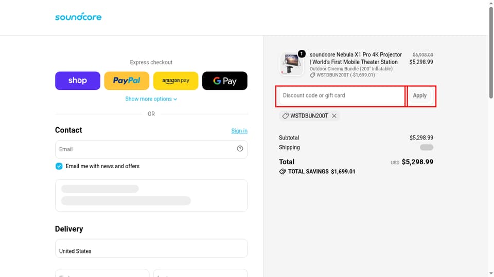 soundcore Nebula checkout page showing the Discount code or gift card field and Apply button