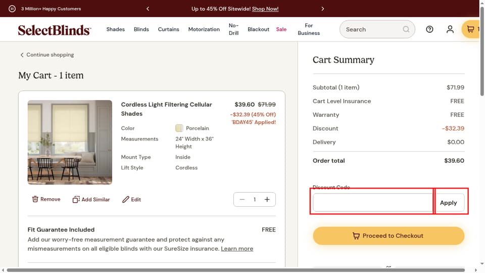 SelectBlinds checkout page showing the Enter your discount code field and Apply button