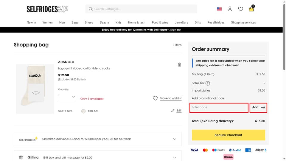 Selfridges checkout page showing the Enter code field and Add button