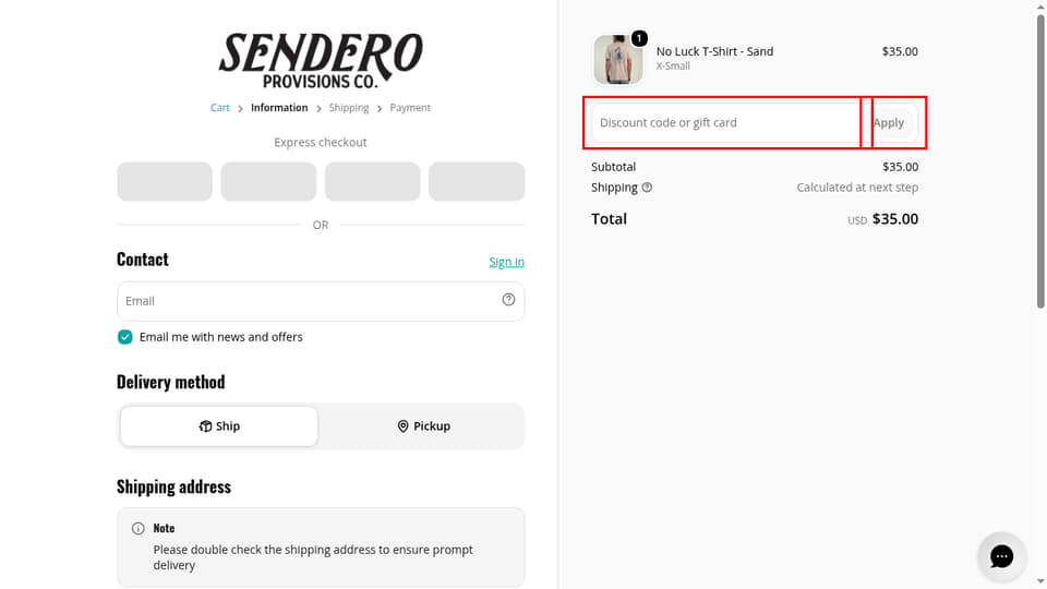 Sendero Provisions Co. checkout page showing the Discount code or gift card field and Apply button