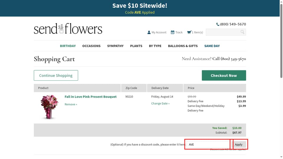 Send Flowers checkout page showing the (Optional) If you have a discount code, please enter it here: field and Apply button