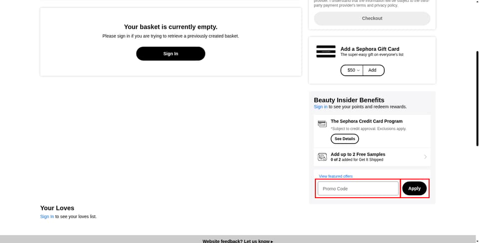 Sephora checkout page showing the Promo Code field and Apply button